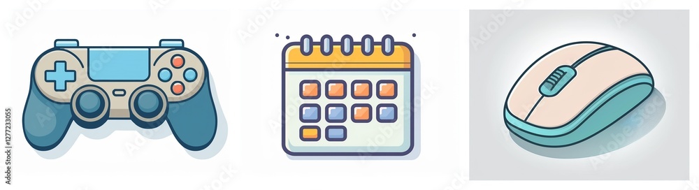 Poster three cartoon icons depict a game controller, a calendar, and a computer mouse, representing leisure