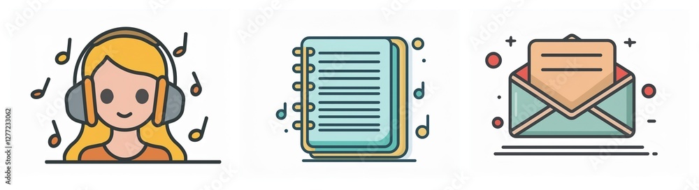 Poster three icons depict a person with headphones enjoying music, a spiral notebook for writing, and an op