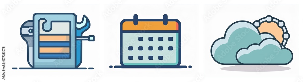 Poster three icons showing document maintenance, a calendar for scheduling, and clouds with sun representin