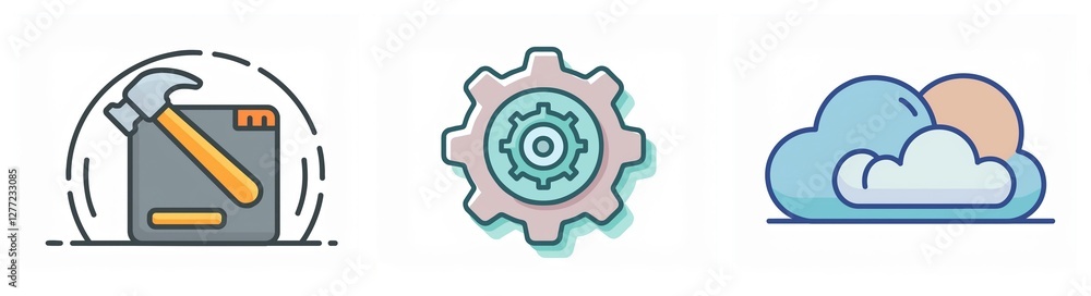 Poster three icons display tools and weather. a hammer fixes a box, a gear represents settings, and clouds 