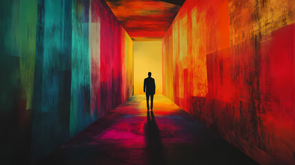 A silhouetted figure stands at the end of a vibrant, colorful corridor, evoking a sense of mystery and exploration. Surrealist Endless Corridor. Illustration