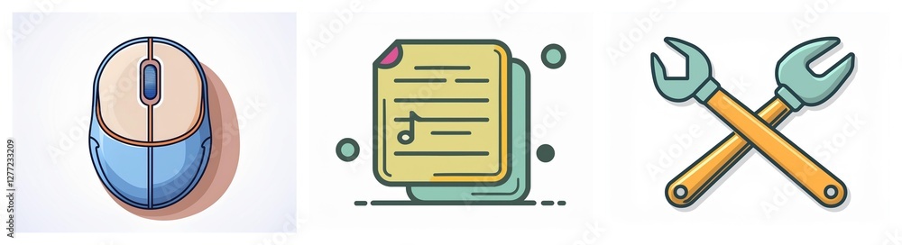 Poster three icons depict a computer mouse, a document with a musical note, and crossed wrenches, represent
