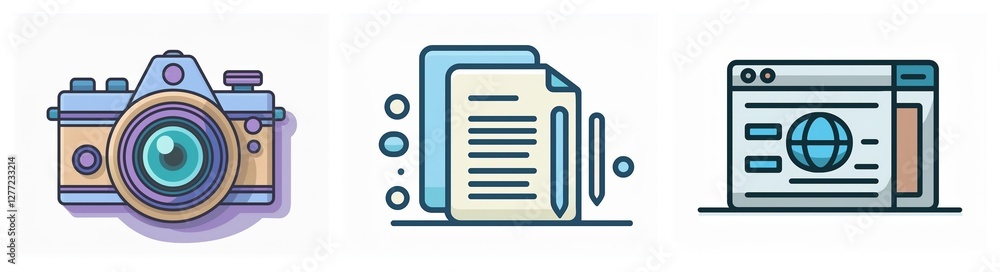 Poster image with icons of a camera for photography, files for documents, and a browser with a globe for in