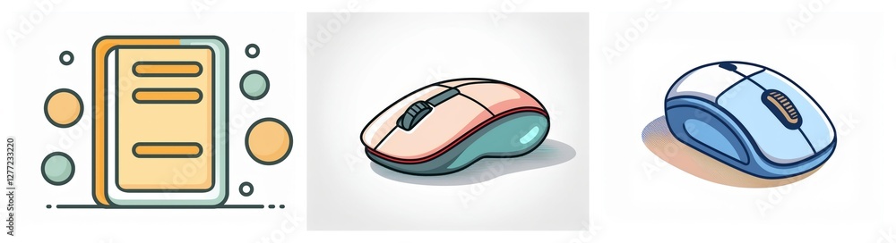 Poster three cartoon icons: a document, a beige and blue computer mouse, and a blue and white computer mous