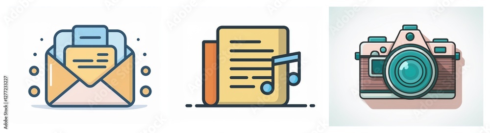 Poster three distinct icons: a received email, a musical document file, and a vintage camera, all arranged 
