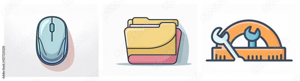 Aufkleber three icons depict computer mouse, folder, and wrench with ruler, representing digital input, file m