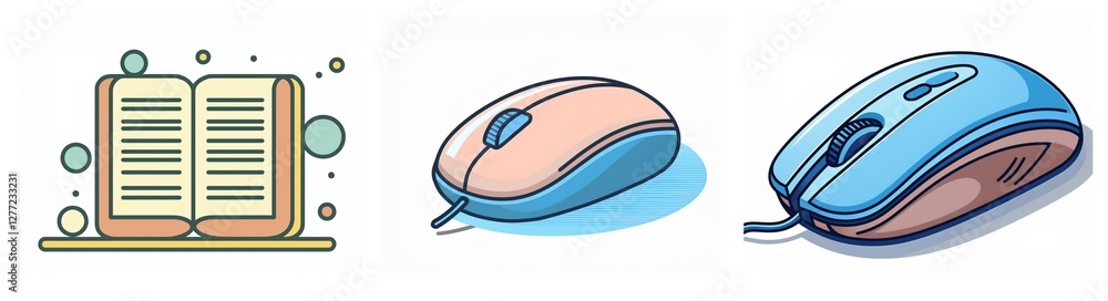 Poster Three panels display an open book, a pink computer mouse, and a blue computer mouse. Each item is depicted in a simple, illustrative style on a white background.