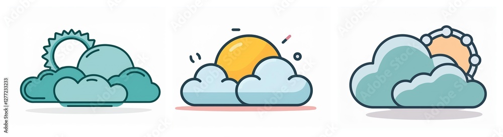 Poster three weather condition icons showcase variations of sun and clouds. one displays sun behind clouds,