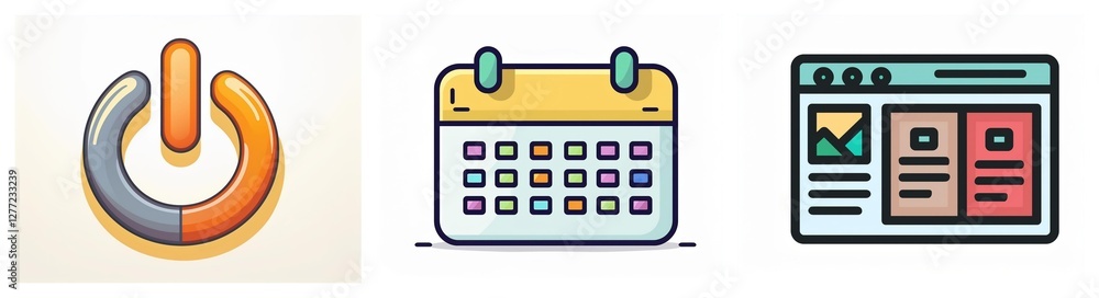 Aufkleber Three simple icons depict technology and organization: a power button for activation, a calendar for scheduling, and a browser window for internet access.