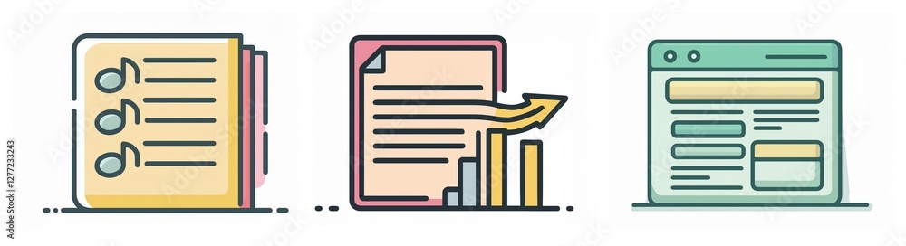 Poster three icons depict stacked papers with list, document with growth arrow and chart, and a website win