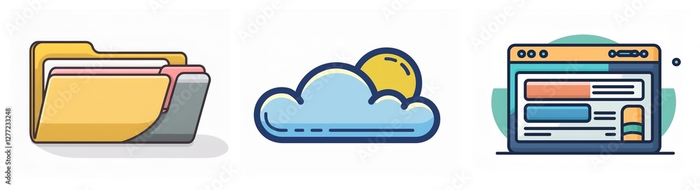 Aufkleber description: icons depict an open folder with files, a cloud with a sun, and a webpage frame. illust