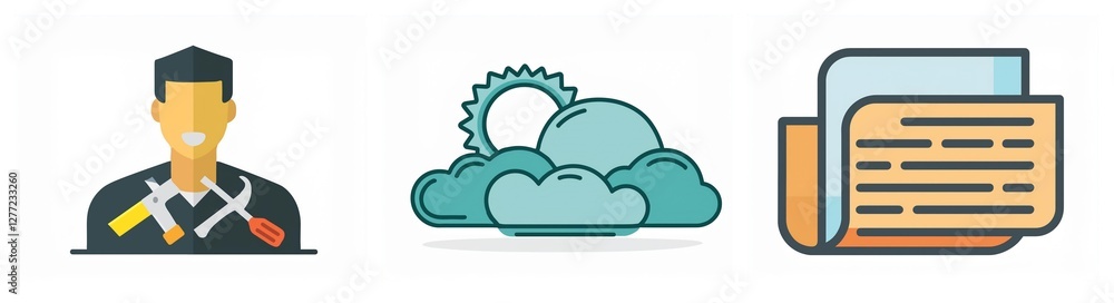 Poster set of three icons: person with tools, sunny cloud weather symbol, and document with text in orange 