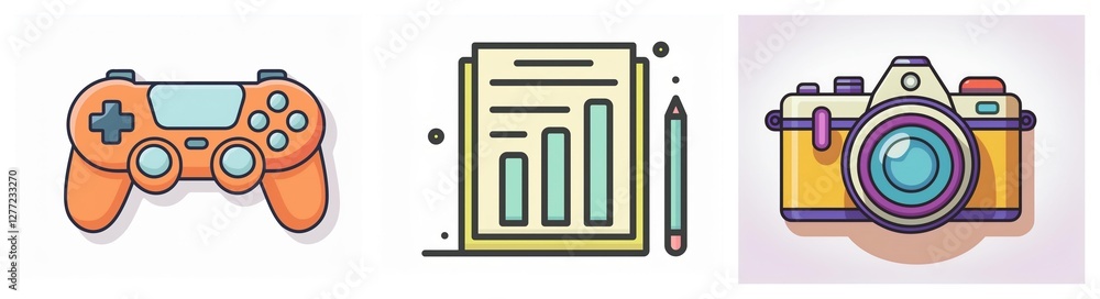 Aufkleber Three icons depict a game controller for playing, a document showing data with a pencil, and a camera for taking pictures.