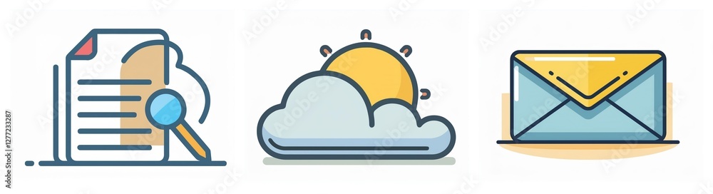 Poster Three simple vector icons: document with magnifying glass for search, sun behind a cloud for weather, and a closed envelope for email.