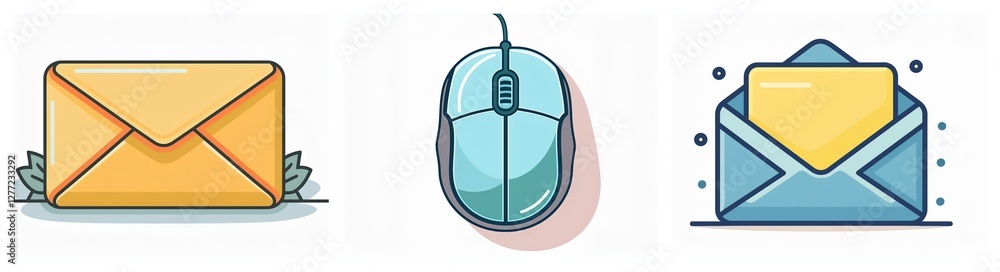 Poster three icons depict a sealed envelope, a computer mouse, and an opened envelope with a letter inside.