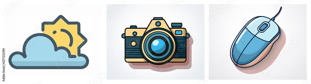Aufkleber Three icons depict weather with sun and cloud, a vintage camera, and a blue computer mouse, all in a simple vector style.