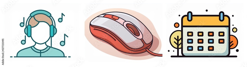 Poster icons depicting listening with headphones, a computer mouse, and a calendar with trees, representing