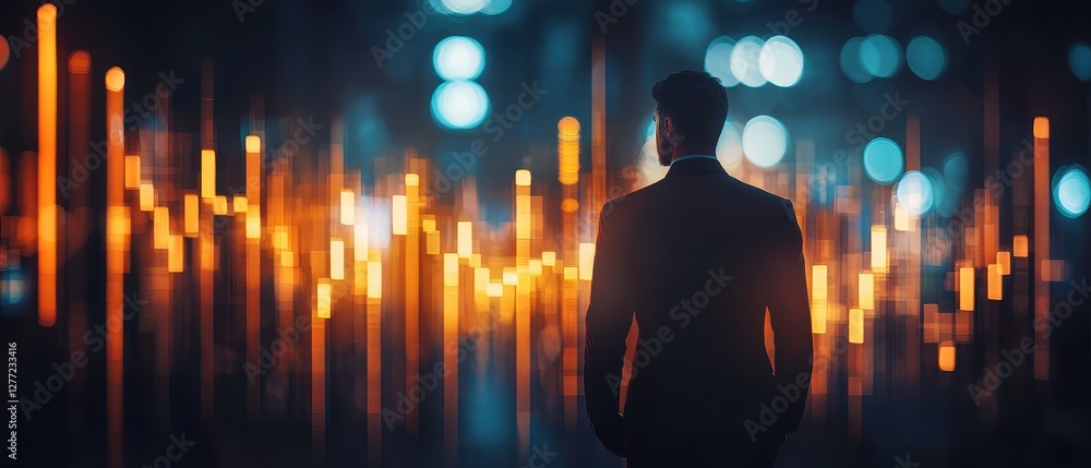Poster businessman analyzing cyber trading trends with a focus on carbon offset transactions in a digital e