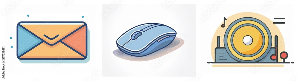Aufkleber Three icons depict digital communication and multimedia: a sealed envelope for mail, a computer mouse for interface, and a speaker for audio playback.