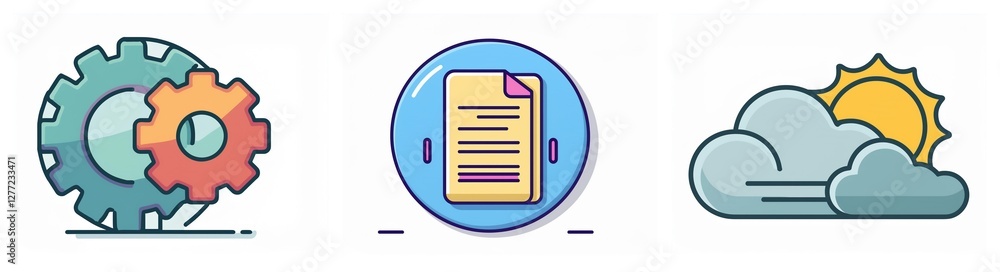 Aufkleber three simple vector icons: cartoon gears representing settings, document for files, and clouds with 