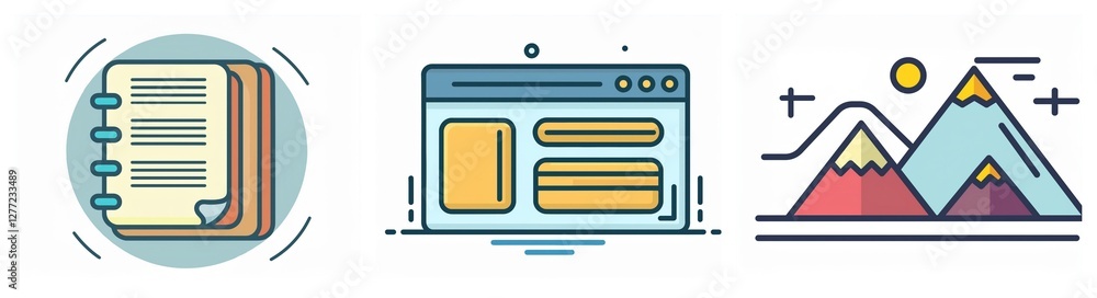Leinwandbilder three flat design icons showing a spiral notebook, a browser window with content blocks, and mountai
