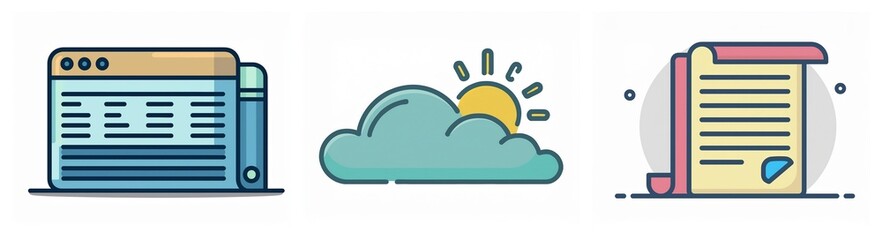 Three icons depict a website interface, a sunny cloud, and a document with a seal, representing digital, weather, and paperwork concepts.