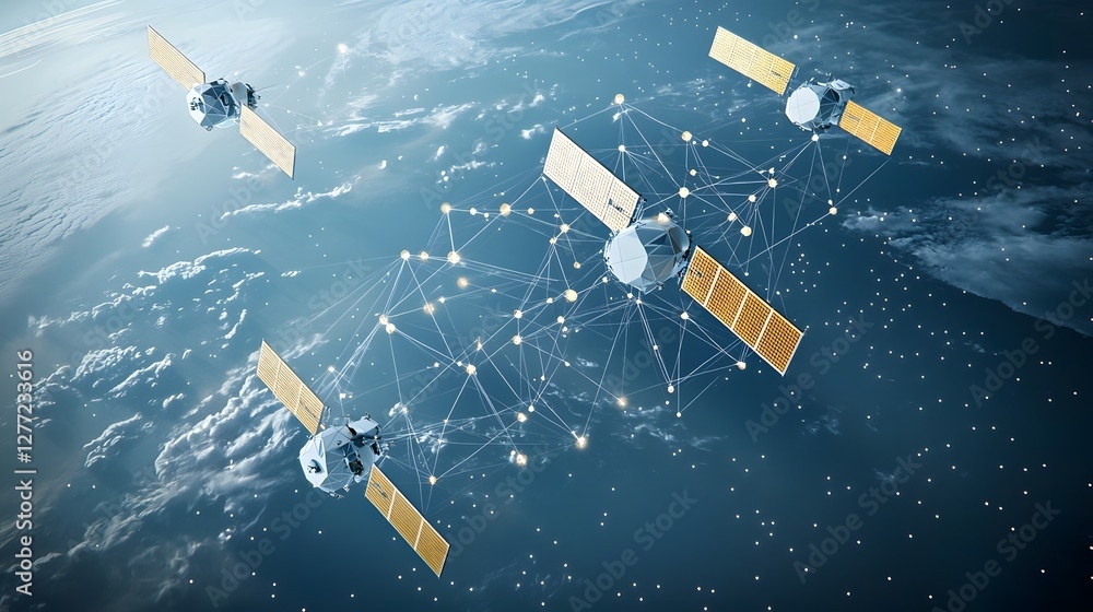 Fototapete Interconnected Low Polygon 3D Rendering of Satellites Forming a Global Communication Network Orbiting the Earth in Space
