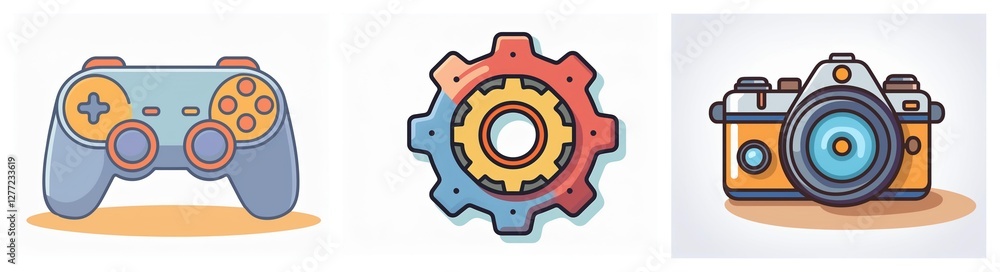 Poster three vector icons depict a game controller, a gear, and a camera. each is designed with outlines an