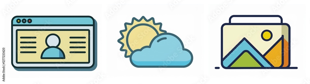 Poster Three distinct icons are displayed: a browser window with a user icon, a sun and cloud representing weather, and a landscape picture icon for images.