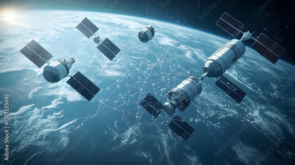 Leinwandbilder Interconnected network of low poly 3D rendered satellites forming a global communication web in orbit around the planet  Concept of future space technology data transmission