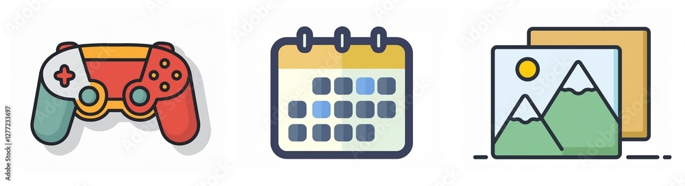 Poster Three colorful icons depict a gamepad for games, a calendar for scheduling, and picture icons for image gallery.