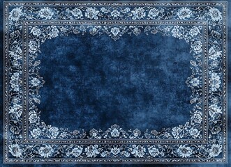 A blue Persian carpet design with an empty rectangular border in the center, featuring white and dark gray floral patterns