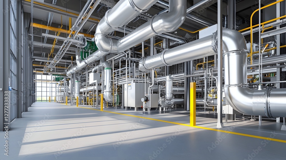 Poster intricate and detailed showcasing the complex network of hvac ductwork pipes and piping system insta