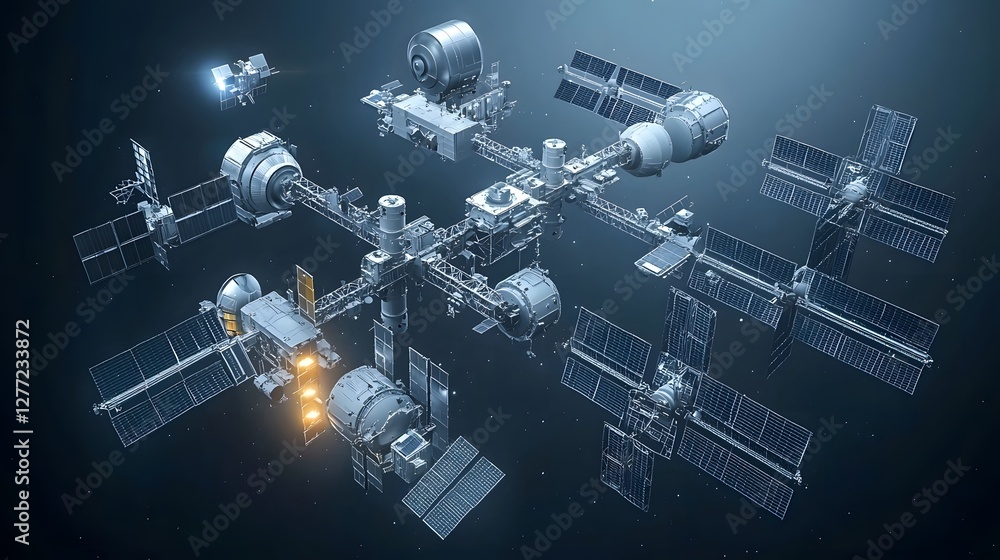 Fototapete a highly detailed 3d rendering of a futuristic space station managing and overseeing the of multiple