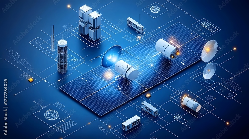 Leinwandbilder isometric depicting a complex global satellite communication system showcasing the intricate infrast