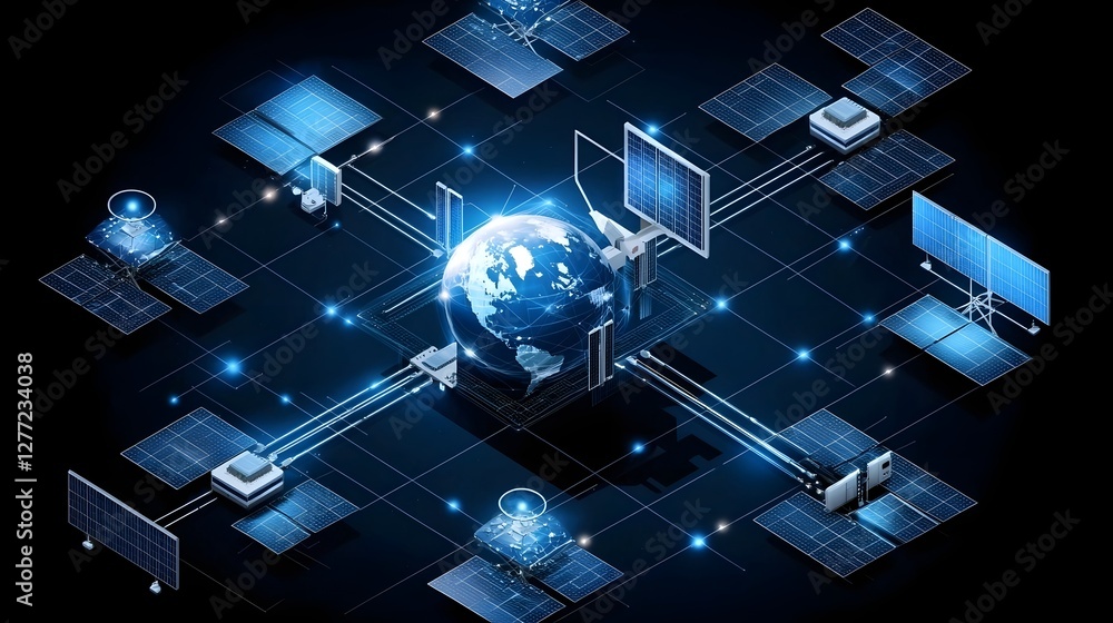 Fototapete Isometric depicting a futuristic global satellite communication system with an interconnected digital network architecture