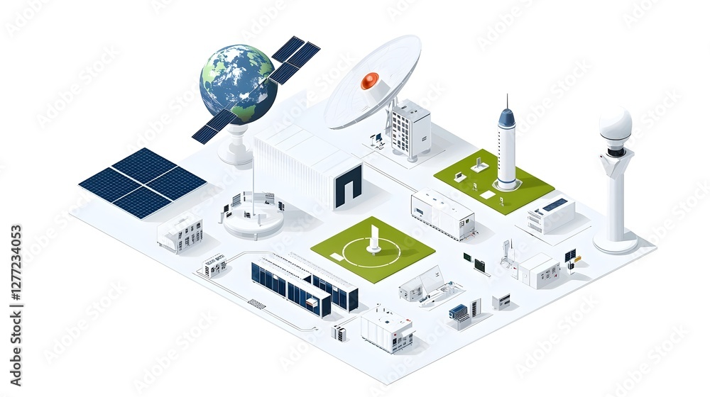 Poster isometric depicting a sophisticated global satellite communication network system showcasing the int