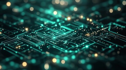 Abstract digital circuit board with glowing lines and nodes, representing technology and innovation