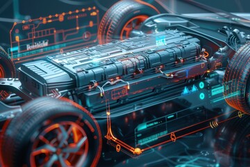 Fototapeta premium Electric car battery detail shows solid-state technology with overlaid holographic performance metrics, set in a futuristic design.