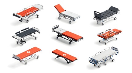 Isometric showcasing different styles and designs of medical stretchers gurneys and beds used for emergency healthcare patient transport and trauma treatment in hospital or ambulance settings
