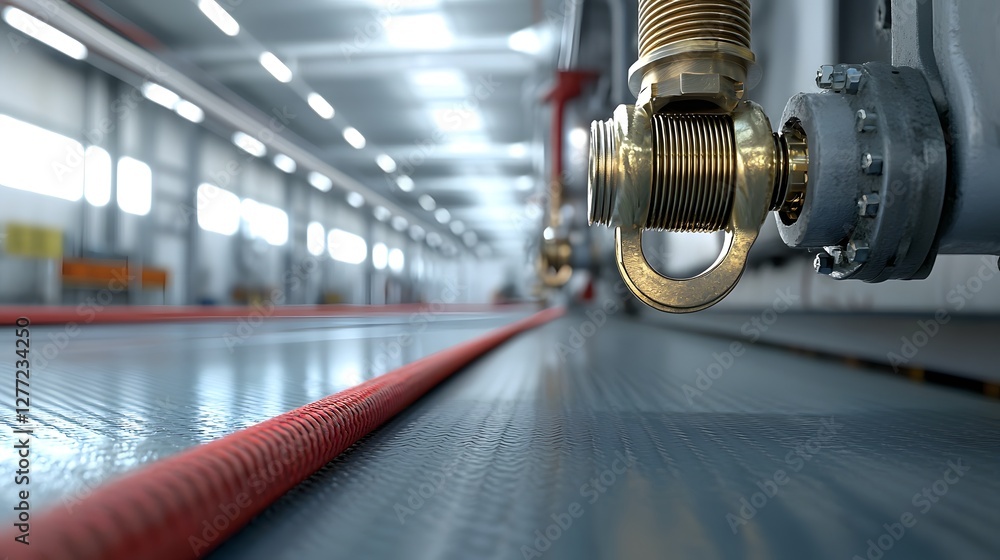 Aufkleber Macro close up view of a brass fire hose coupling with visible threading in an industrial workshop or factory setting