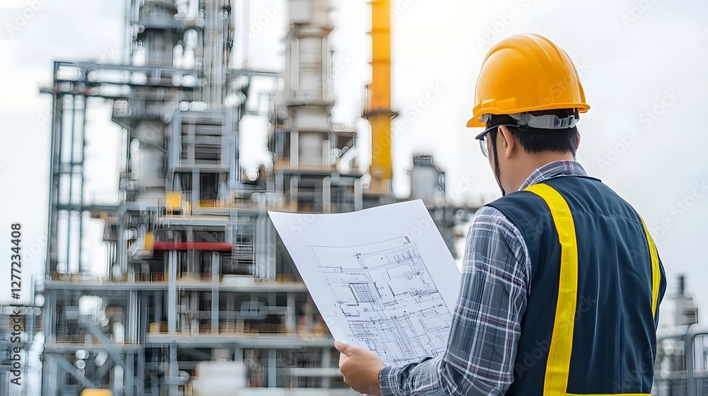 Poster Mechanical Engineer Analyzing Detailed Blueprints While Standing in Front of a Large Industrial Factory Facility with Various Manufacturing Machinery and Equipment