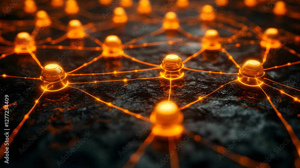 Poster abstract network of glowing orange nodes connecting on dark textured background