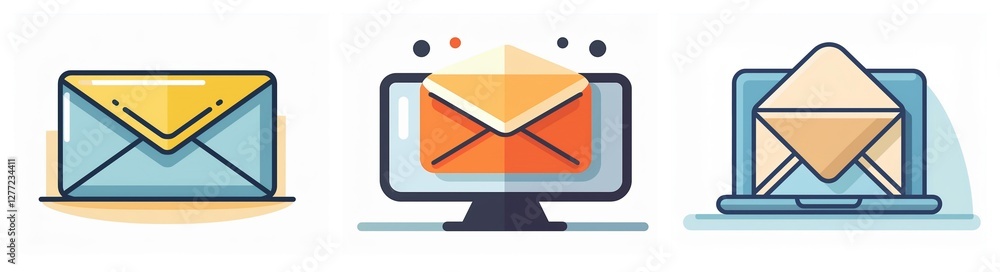 Leinwandbilder three icons depict digital communication: a closed envelope, email on a computer screen with notific
