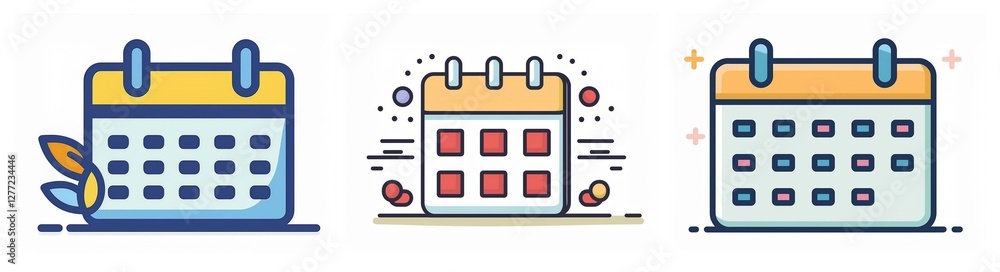 Poster Three calendar icons with different styles, one with leaf, another with dots, and the last one with sparkles. All have grid pattern.