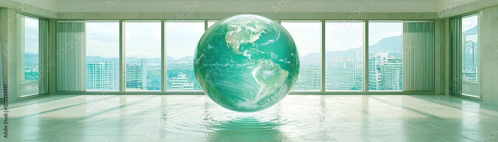Poster 3d floating projection of earth highlighting global warming effects in modern room with large window