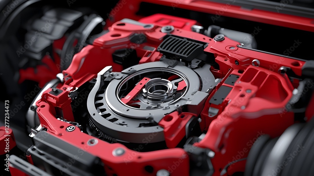 Poster macro close up view of the intricate clutch and flywheel assembly inside the engine of an automotive