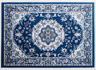 A blue Persian carpet with a floral ornament and decorative border on a white background, detailed illustration, high-resolution, professional photograph