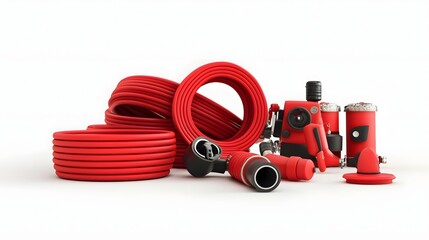 Naklejka premium Minimalist 3D Render of a Red Fire Hose and Nozzle Equipment on a Clean White Background Fire Safety and Emergency Response Concept