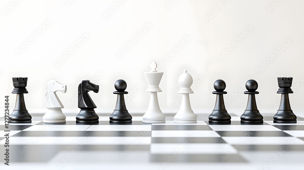 Poster minimalist composition of chess pieces on a chessboard representing the concept of business strategy